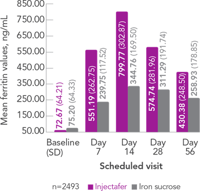 Graph displaying the mean ferritin value at each scheduled visit